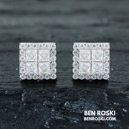 Square Cluster Stud Earrings Sterling Silver, Gold or Rose Gold Plated | 5A Moissanite Stones