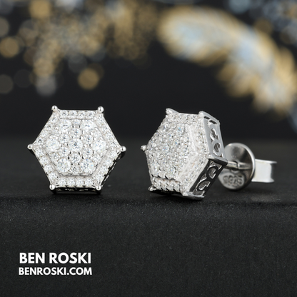 Hexagon Cluster Stud Earrings Sterling Silver, Gold, or Rose Gold Plated | VVS Moissanite | GRA Certified