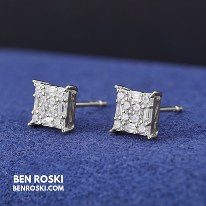 Square Cluster Stud Earrings Sterling Silver or Gold/Rose Gold Plated | VVS Moissanite | GRA Certified