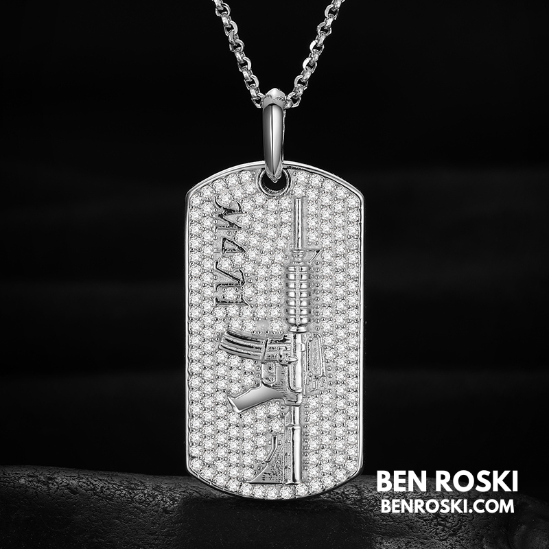 M4 Rifle Dog Tag Pendant Sterling Silver or Gold & Rose Gold Plated | VVS Moissanite | GRA Certified