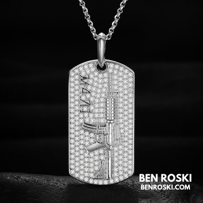 M4 Rifle Dog Tag Pendant Sterling Silver or Gold & Rose Gold Plated | VVS Moissanite | GRA Certified