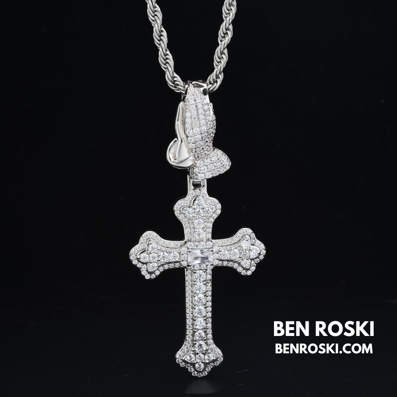 Moissanite Cross Pendant with Praying Hands Bail Sterling Silver, Gold, or Rose Gold | VVS Moissanite | GRA Certified