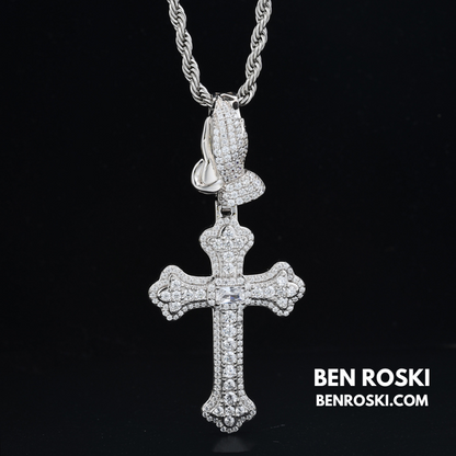 Moissanite Cross Pendant with Praying Hands Bail Sterling Silver, Gold, or Rose Gold | VVS Moissanite | GRA Certified