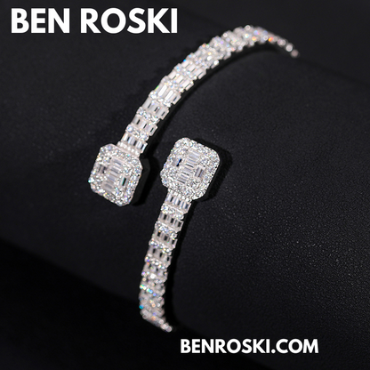 Baguette Moissanite Open Bangle – 7/8-Inch | 5.5MM | Silver, Gold Plated & Rose Gold Plated over 925 Silver | GRA Certified