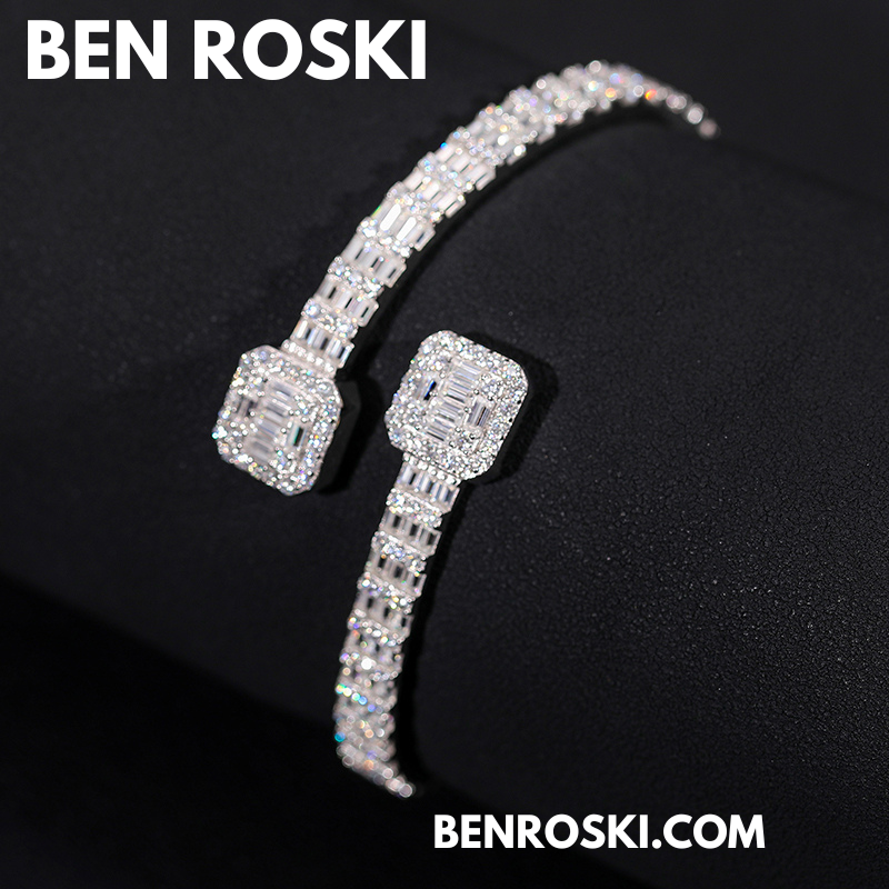 Baguette Moissanite Open Bangle – 7/8-Inch | 5.5MM | Silver, Gold Plated & Rose Gold Plated over 925 Silver | GRA Certified