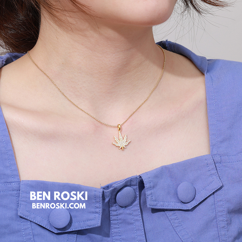 Cannabis Leaf Pendant Sterling Silver or Gold / Rose Gold Plated | VVS Moissanite | GRA Certified