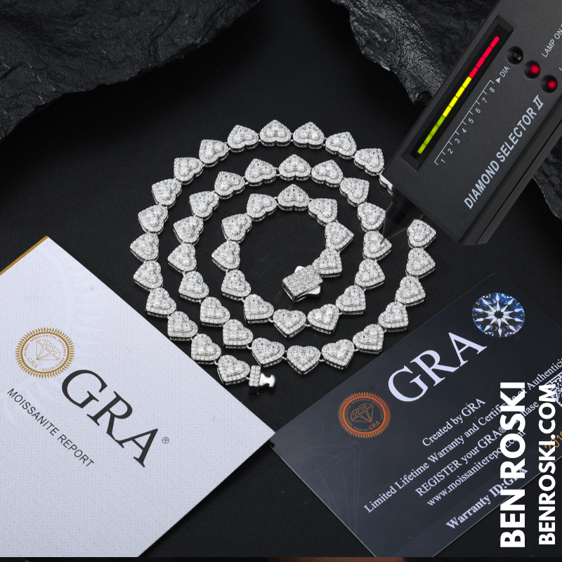 8MM Heart Moissanite Chain Sterling Silver, Gold, or Rose Gold | GRA Certified