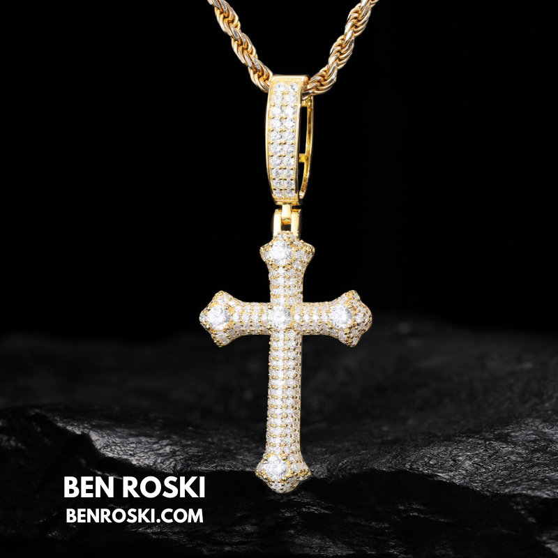 Iced Cross Pendant Sterling Silver, Gold & Rose Gold Plated | VVS Moissanite | GRA Certified