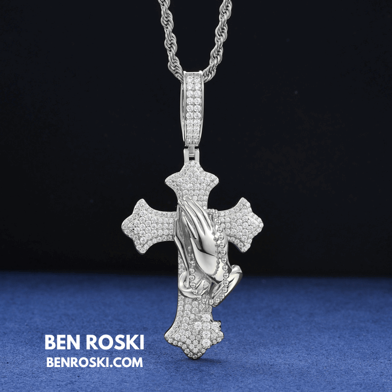 Praying Hands Cross Pendant – 71MM Height | VVS1 Moissanite | GRA Certified