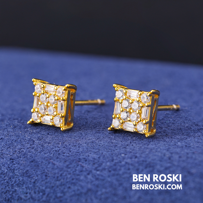 Square Cluster Stud Earrings Sterling Silver or Gold/Rose Gold Plated | VVS Moissanite | GRA Certified