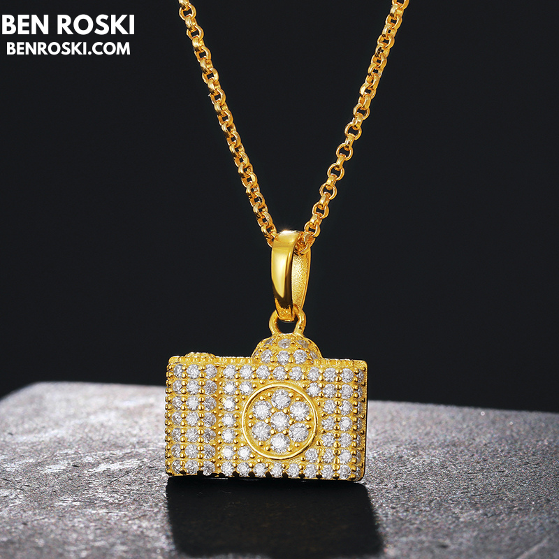 Camera Pendant Necklace Sterling Silver or Gold / Rose Gold Plated | VVS Moissanite | GRA Certified