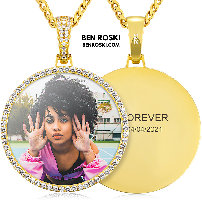 Custom Photo Round Pendant Sterling Silver or Gold & Rose Gold Plated | Moissanite | GRA Certified