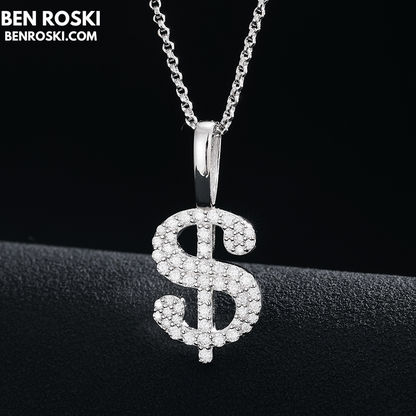 Dollar Sign Pendant Sterling Silver, Gold / Rose Gold Plated | VVS Moissanite | GRA Certified