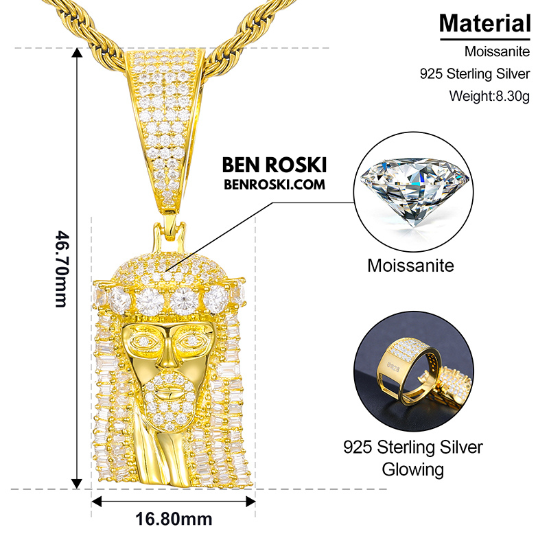 Jesus Face Moissanite Pendant Sterling Silver, Gold, or Rose Gold | VVS Moissanite | GRA Certified