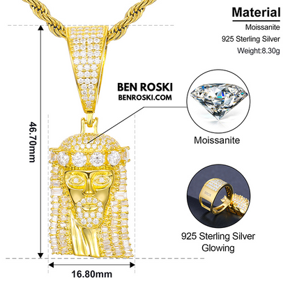 Jesus Face Moissanite Pendant Sterling Silver, Gold, or Rose Gold | VVS Moissanite | GRA Certified