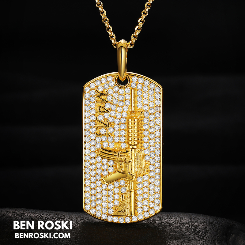 M4 Rifle Dog Tag Pendant Sterling Silver or Gold & Rose Gold Plated | VVS Moissanite | GRA Certified