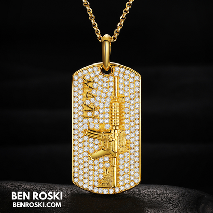 M4 Rifle Dog Tag Pendant Sterling Silver or Gold & Rose Gold Plated | VVS Moissanite | GRA Certified
