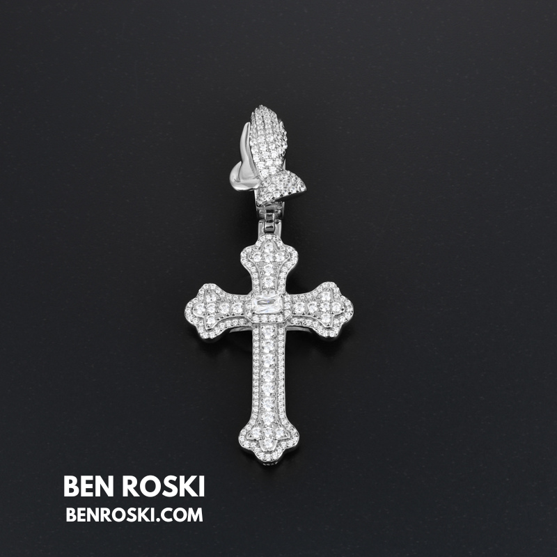 Moissanite Cross Pendant with Praying Hands Bail Sterling Silver, Gold, or Rose Gold | VVS Moissanite | GRA Certified