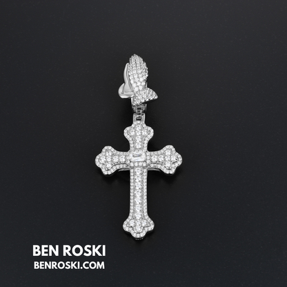 Moissanite Cross Pendant with Praying Hands Bail Sterling Silver, Gold, or Rose Gold | VVS Moissanite | GRA Certified