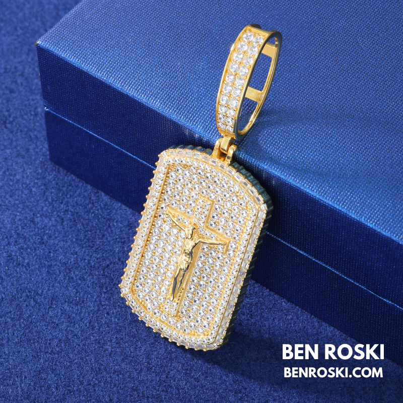 Crucifix Dog Tag Pendant Sterling Silver, Gold & Rose Gold | VVS Moissanite | GRA Certified