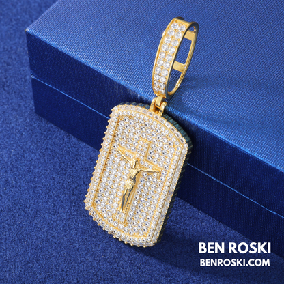 Crucifix Dog Tag Pendant Sterling Silver, Gold & Rose Gold | VVS Moissanite | GRA Certified