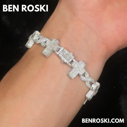 Iced Cross Moissanite Bracelet – 15MM | 7 &8-Inch | Solid 925 Sterling Silver | GRA Certified | Gold & Rose Gold Plated Variants