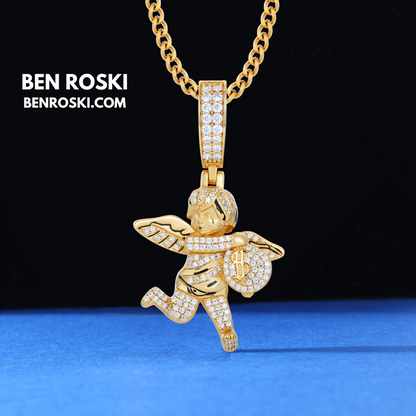 Angel Money Bag Pendant Sterling Silver or Gold & Rose Gold Plated | VVS Moissanite | GRA Certified