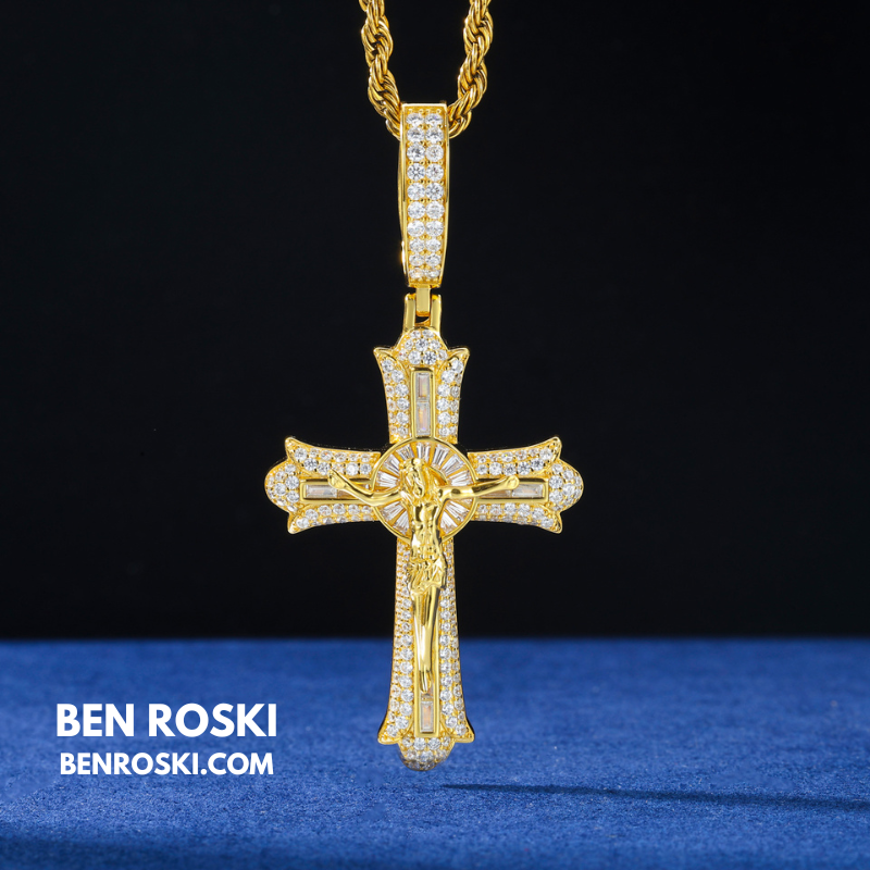 Crucifix Moissanite Cross Pendant Sterling Silver, Gold & Rose Gold | VVS Moissanite | GRA Certified