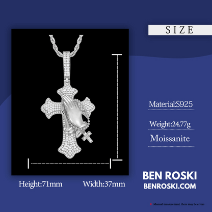 Praying Hands Cross Pendant – 71MM Height | VVS1 Moissanite | GRA Certified