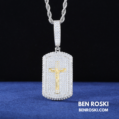 Crucifix Dog Tag Pendant Sterling Silver, Gold & Rose Gold | VVS Moissanite | GRA Certified