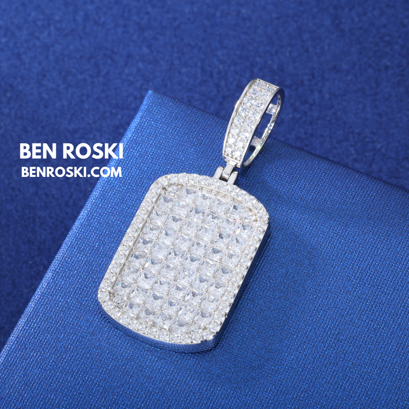 Iced Moissanite Rectangular Pendant Sterling Silver, Gold or Rose Gold Plated | VVS Moissanite | GRA Certified