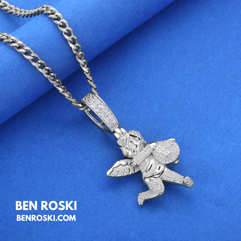 Angel Money Bag Pendant Sterling Silver or Gold & Rose Gold Plated | VVS Moissanite | GRA Certified