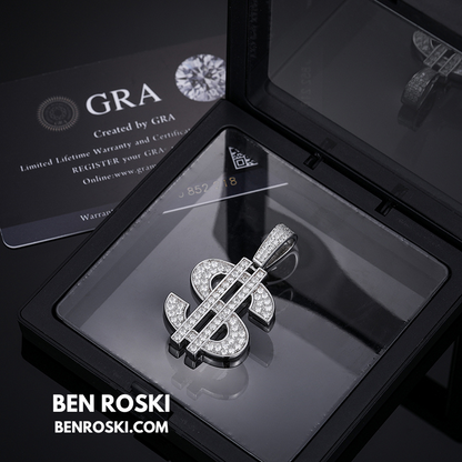 Moissanite Dollar Sign Pendant Sterling Silver or Gold/Rose Gold Plated | VVS Moissanite | GRA Certified