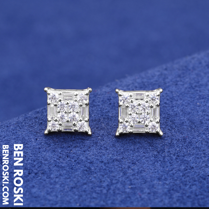 Square Cluster Stud Earrings Sterling Silver or Gold/Rose Gold Plated | VVS Moissanite | GRA Certified