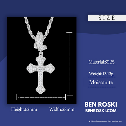 Moissanite Cross Pendant with Praying Hands Bail Sterling Silver, Gold, or Rose Gold | VVS Moissanite | GRA Certified