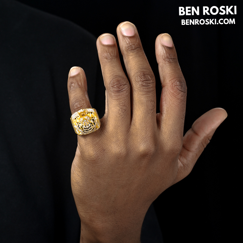 Iced-Out Tiger Head Ring Sterling Silver, Gold & Rose Gold | VVS Moissanite | GRA Certified