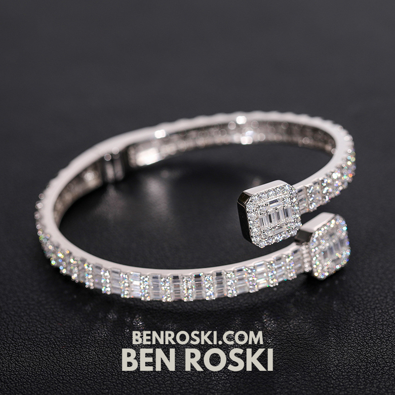 Baguette Moissanite Open Bangle – 7/8-Inch | 5.5MM | Silver, Gold Plated & Rose Gold Plated over 925 Silver | GRA Certified