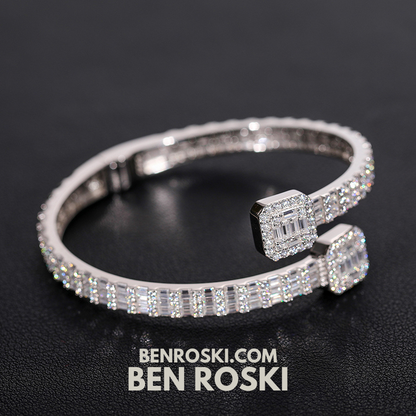 Baguette Moissanite Open Bangle – 7/8-Inch | 5.5MM | Silver, Gold Plated & Rose Gold Plated over 925 Silver | GRA Certified