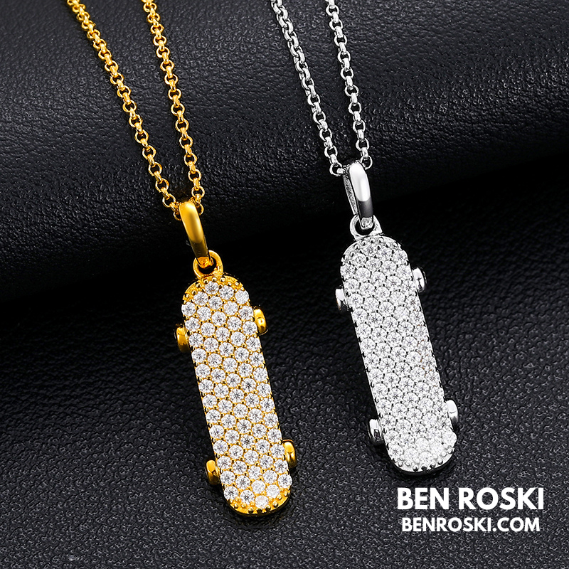 Skateboard Pendant Necklace Sterling Silver, Gold, or Rose Gold | VVS Moissanite | GRA Certified