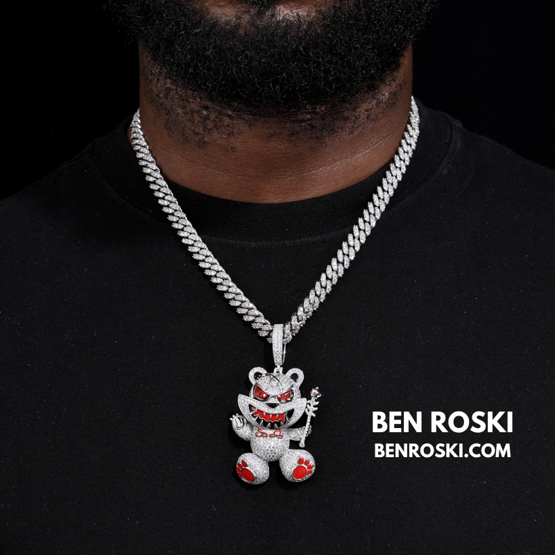Evil Teddy Bear Pendant Sterling Silver or Gold / Rose Gold Plated | VVS Moissanite | GRA Certified