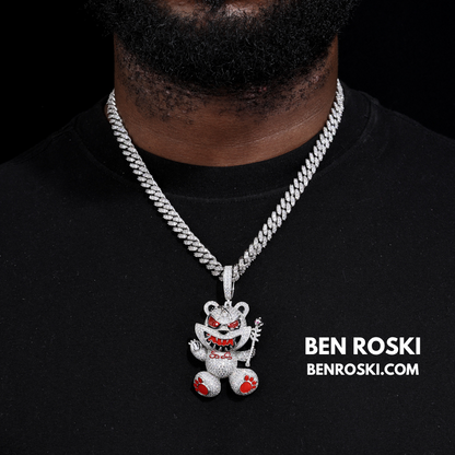 Evil Teddy Bear Pendant Sterling Silver or Gold / Rose Gold Plated | VVS Moissanite | GRA Certified