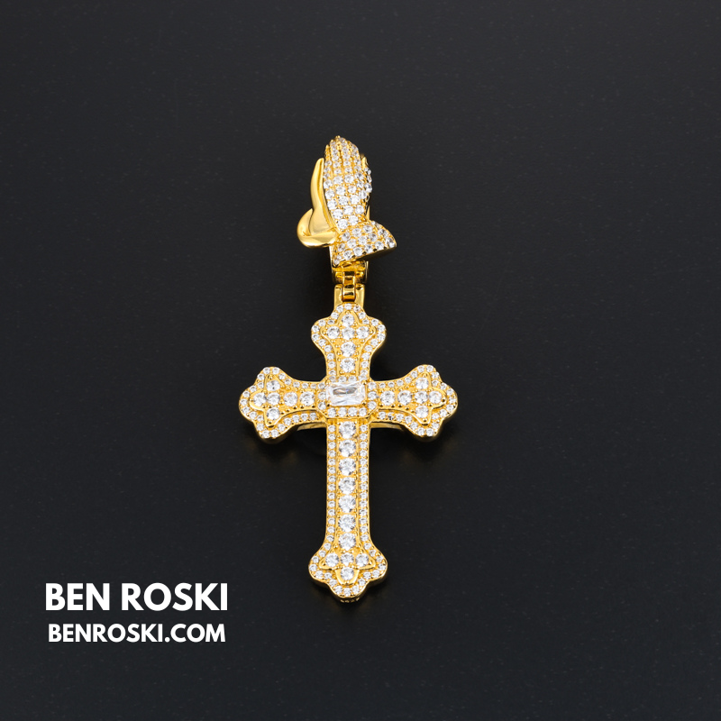 Moissanite Cross Pendant with Praying Hands Bail Sterling Silver, Gold, or Rose Gold | VVS Moissanite | GRA Certified