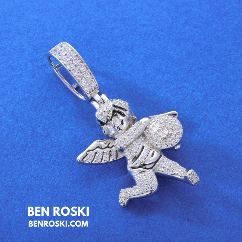 Angel Money Bag Pendant Sterling Silver or Gold & Rose Gold Plated | VVS Moissanite | GRA Certified