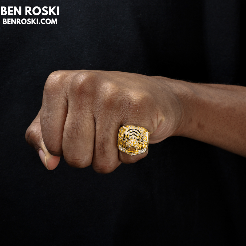 Iced-Out Tiger Head Ring Sterling Silver, Gold & Rose Gold | VVS Moissanite | GRA Certified