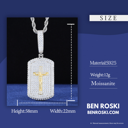 Crucifix Dog Tag Pendant Sterling Silver, Gold & Rose Gold | VVS Moissanite | GRA Certified