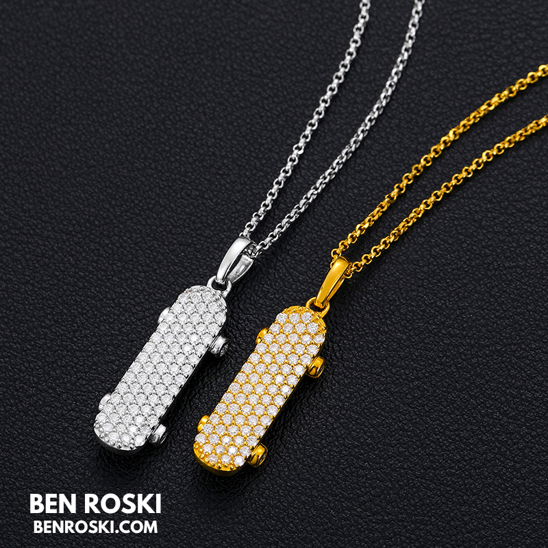 Skateboard Pendant Necklace Sterling Silver, Gold, or Rose Gold | VVS Moissanite | GRA Certified