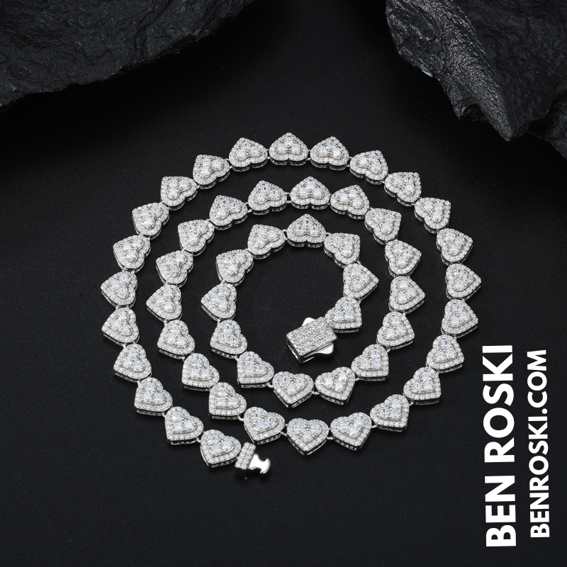 8MM Heart Moissanite Chain Sterling Silver, Gold, or Rose Gold | GRA Certified