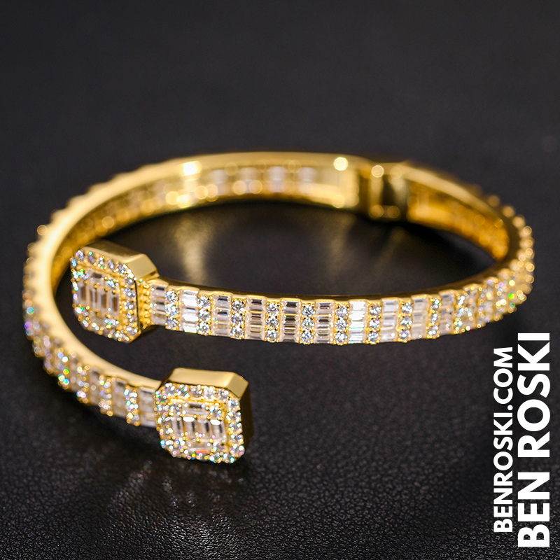 Baguette Moissanite Open Bangle – 7/8-Inch | 5.5MM | Silver, Gold Plated & Rose Gold Plated over 925 Silver | GRA Certified