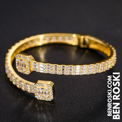 Baguette Moissanite Open Bangle – 7/8-Inch | 5.5MM | Silver, Gold Plated & Rose Gold Plated over 925 Silver | GRA Certified