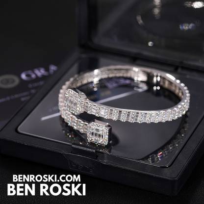 Baguette Moissanite Open Bangle – 7/8-Inch | 5.5MM | Silver, Gold Plated & Rose Gold Plated over 925 Silver | GRA Certified